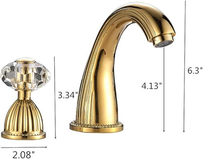 Bathroom Sink Faucet 3 Hole Deck Mounted Widespread Brass Bathroom Faucet Crystal Handle Mixer Tap,Gold(Ti-PVD)