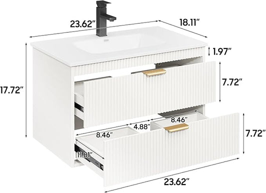 Vabches 24 Inch Bathroom Vanity with Sink, Wood Grain Wall Mounted Vanity with 2 Storage Darwers, Floating Bathroom Vanity with Storage, Bathroom Floating Vanity with Sink, Faucet, Drain, White
