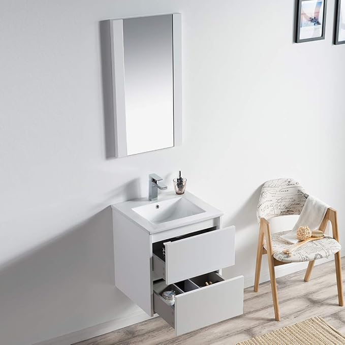 Blossom 20" Modern Bathroom Vanity and Sink Combo - Pre-Assembled Wall Mount Plywood Cabinet - Moisture Proof Glossy White Finish - Designer Powder Room Vanity for Narrow Spaces