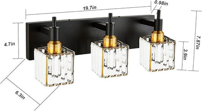 Modern Crystal Bathroom Vanity Light 3-Light Brass Wall Light Fixtures Over Mirror Black and Gold Vanity Lighting for Bathroom Square Shade Brass Wall Sconce