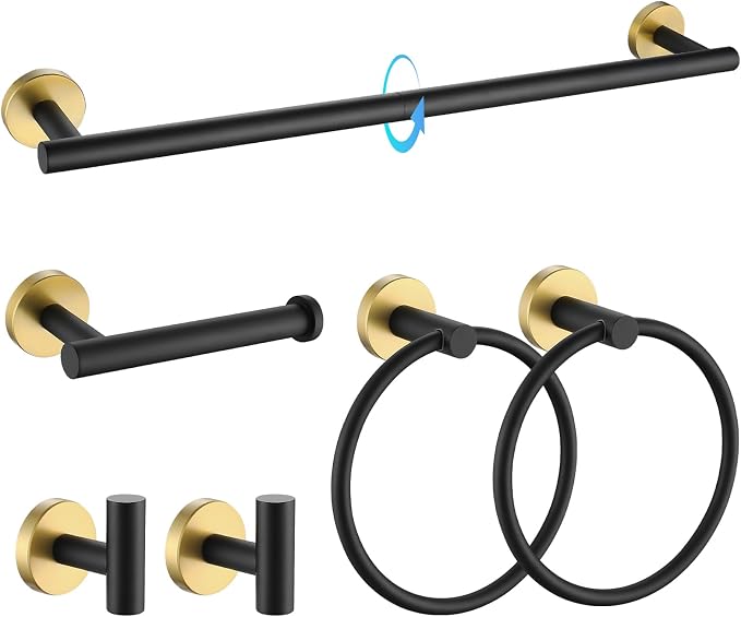 TQKAG Black and Gold Bathroom Hardware Set, 6-Piece Towel Bar Set 23.6 Inch | Towel Bar Set, Wall Mounted, Bathroom Accessories Set Include Paper Holders, Towel Rings, Towel Hooks, SUS304 Stainless Steel