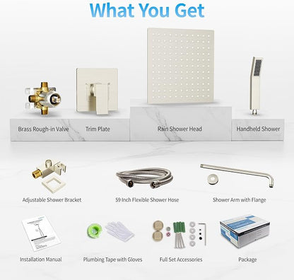 EMBATHER Shower System,10" Shower Faucet Set with Rain Shower Head and Handheld Spray Combo,Included Valve and Trim Kit,Brushed Nickel