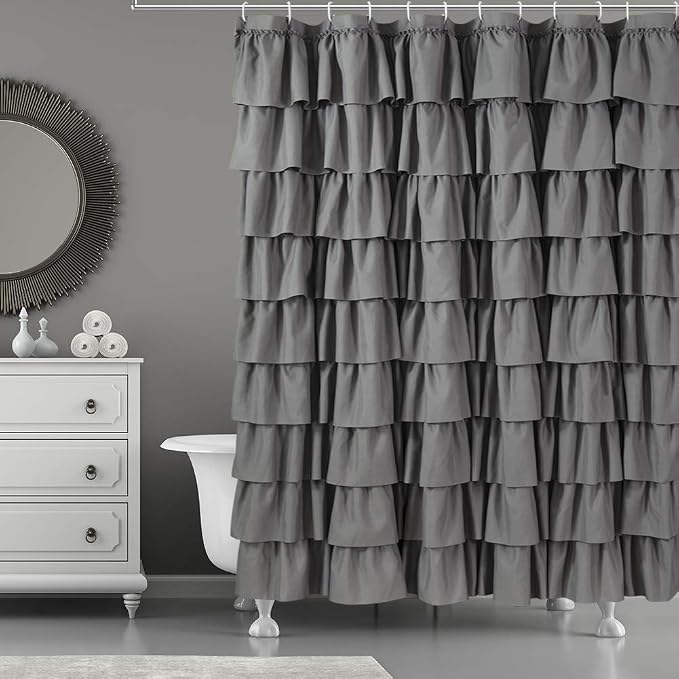 Gray Ruffle Shower Curtains For Bathroom, 72x72, Layered Tiered Ruffles | Handcrafted Ruched Ruffles, 72 x 72 Inch, Soft Brushed Microfiber, 12 Hooks Included, Machine Washable Design, Elevates Bath
