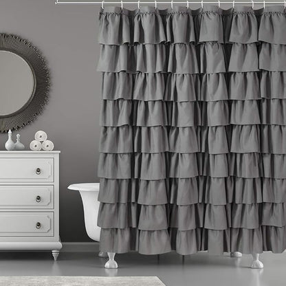 Gray Ruffle Shower Curtains For Bathroom, 72x72, Layered Tiered Ruffles | Handcrafted Ruched Ruffles, 72 x 72 Inch, Soft Brushed Microfiber, 12 Hooks Included, Machine Washable Design, Elevates Bath
