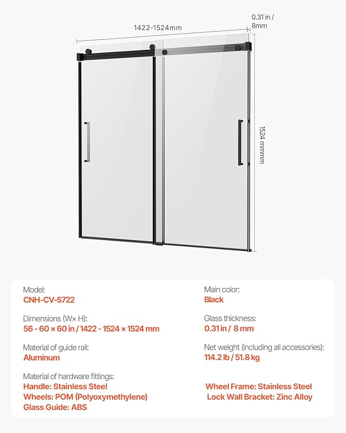 VEVOR Frameless Sliding Bathtub Door, 56-60" W x 60" H, Frameless Shower Glass Door, Frameless Double Sliding Tub Door with 5/16 in Clear Tempered Glass and Stainless Steel Handle, Black