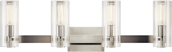 Kichler Jemsa 4 Light Vanity, Modern Light with Clear Fluted Glass in Brushed Nickel for Bathroom or Powder Room (9.75" x 32"), 55169NI