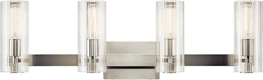 Kichler Jemsa 4 Light Vanity, Modern Light with Clear Fluted Glass in Brushed Nickel for Bathroom or Powder Room (9.75" x 32"), 55169NI