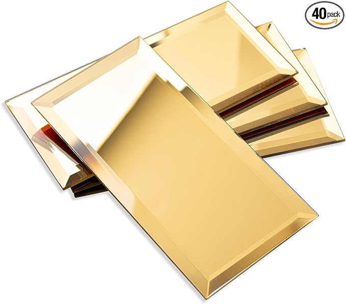 Peel and Stick Mirror Backsplash, Gold, 3x6 Inch, Beveled Mirror Subway Kitchen Bar Wall Tile (5 Sq.ft, 40 Pcs)