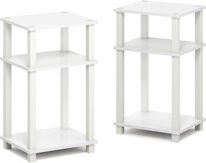 Furinno JUST Side Table Set of 2, 3-Tier Open Shelf Modern End Table, Toolless Assembly Night Stand, Bedside Table with Square Tube, for Living Room, Bedroom, White