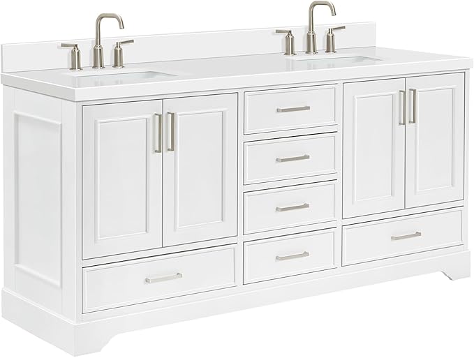 ARIEL Stafford 72-inch Bathroom Vanity with Sink,Solid Wood, 1.5-inch Pure White Quartz Countertop & Backsplash, Double Rectangular Porcelain Sink, 4 Soft Closing Doors, 6 Dovetail Drawers, White