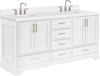 ARIEL Stafford 72-inch Bathroom Vanity with Sink,Solid Wood, 1.5-inch Pure White Quartz Countertop & Backsplash, Double Rectangular Porcelain Sink, 4 Soft Closing Doors, 6 Dovetail Drawers, White