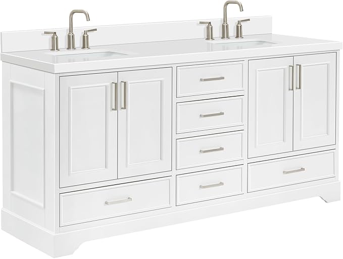 Langford 72-inch White Bathroom Vanity with Left & Right Rectangle Double Sinks, Pure White Quartz Countertop & Backsplash, Solid Wood Frame, Soft-Closing & Dovetail Drawers