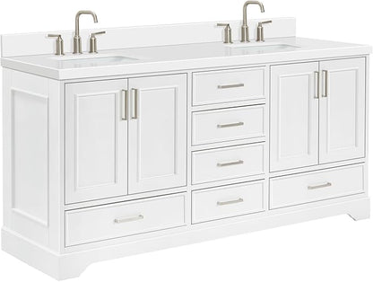 Langford 72-inch White Bathroom Vanity with Left & Right Rectangle Double Sinks, Pure White Quartz Countertop & Backsplash, Solid Wood Frame, Soft-Closing & Dovetail Drawers