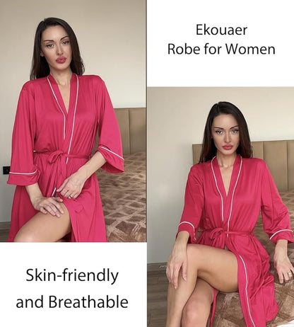 Ekouaer Women Kimono Robes Knee Length Knit Bathrobe Lightweight Soft Sleepwear V-neck Casual Ladies Loungewear