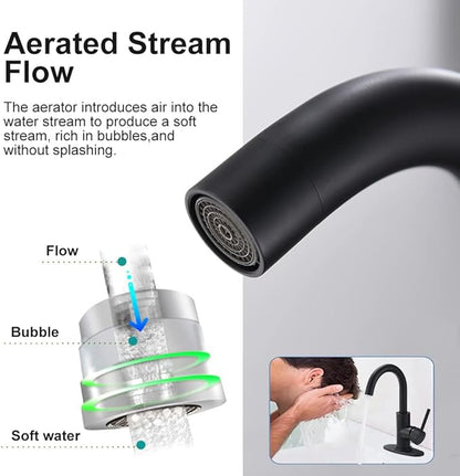 Matte Black Single Handle Bathroom Sink Faucet, 360° Swivel Spout Bar Sink Faucet with Deck Plate 4 Inch Centerset Black Bathroom Faucet with Pop-Up Drain Black Bathroom Lavatory Vanity Faucet