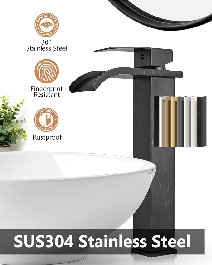 Oil Rubbed Bronze Waterfall Vessel Sink Faucet,Tall Bathroom Faucet | Single-Handle Single-Hole Lavatory Vanity Sink Faucet Mixer Tap Includes Pop-Up Drain and Supply Lines
