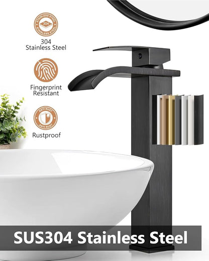 Oil Rubbed Bronze Waterfall Vessel Sink Faucet,Tall Bathroom Faucet | Single-Handle Single-Hole Lavatory Vanity Sink Faucet Mixer Tap Includes Pop-Up Drain and Supply Lines
