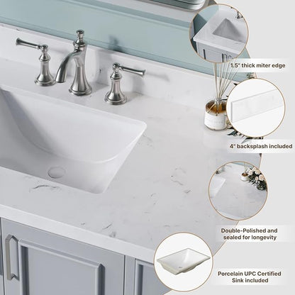 ARIEL 42 inch Bathroom Vanity top with Sink, 1.5 Inch Thick Miter Edge Carrara White Quartz top, Left Offset Vanity top with Rectangle Porcelain Sink, Includes Backsplash