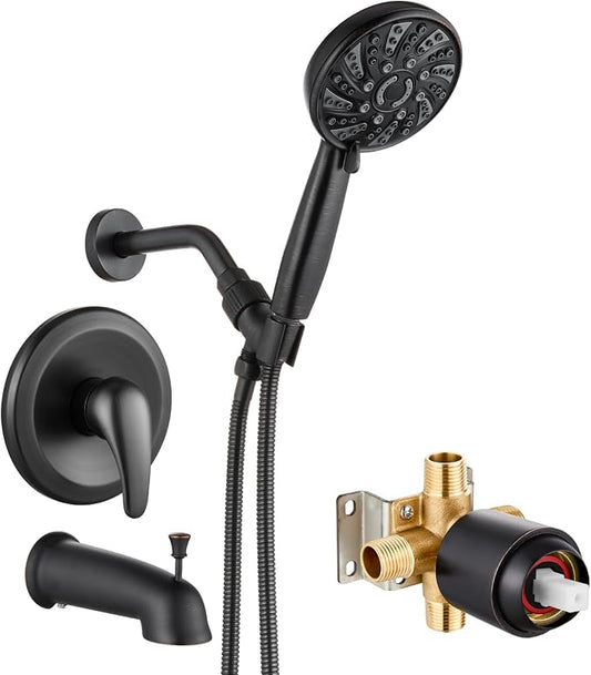 gotonovo Tub Shower Faucet Set with Valve 6 Mode Handheld Oil Rubbed Bronze | Bathtub Faucet Set,6 Mode ABS Handheld Spray,6.3’’ Metal Tub Spout,Brass Valve Trim Kit,Shower Head and Handle Kit,Wall Mount
