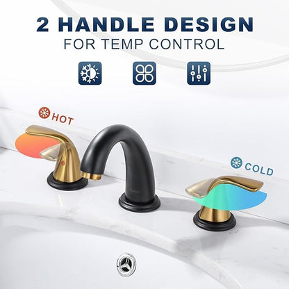 Aleasha Bathroom Sink Faucet 3 Holes Black Gold, Widespread Bathroom Faucet, Washroom Faucets with Pop Up Drain, Washroom Sink Faucets with 304 Stainless Steel Lead-Free Hose
