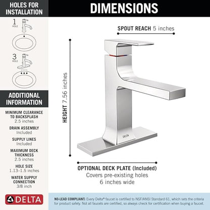 Delta Velum Chrome Bathroom Faucet 1 Hole, Single Hole Bathroom Sink Faucet for Vanity, Metal Push-Pop Drain Assembly, Chrome 537-MPU-DST
