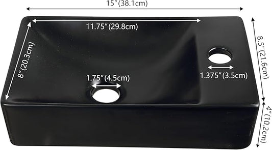 JONATHAN Y SNK1004E-R Felix 15 in. W x 8 in. D Modern Wall Mounted Rectangular Ceramic Mini Sink Basin, Right-Side Faucet, Matte Black