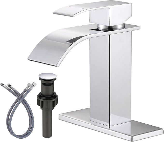 ARCORA Waterfall Bathroom Faucet Chrome: Modern Single Handle Bathroom Faucet for 1 or 3 Hole - Bathroom Sink Faucet with Pop Up Drain and Supply Lines