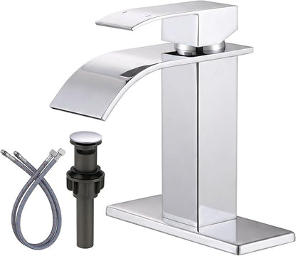 ARCORA Waterfall Bathroom Faucet Chrome: Modern Single Handle Bathroom Faucet for 1 or 3 Hole - Bathroom Sink Faucet with Pop Up Drain and Supply Lines
