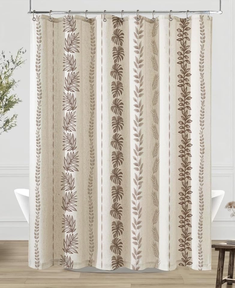 ORTIGIA Linen Brown Leaf Shower Curtain with Metal Hooks,Botanical Boho Waterproof Natural Linen Bath Curtain for Rustic Farmhouse Bathroom Decor 72x72 Inch