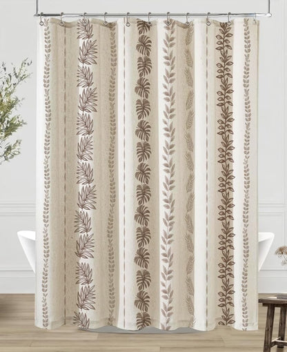ORTIGIA Linen Brown Leaf Shower Curtain with Metal Hooks,Botanical Boho Waterproof Natural Linen Bath Curtain for Rustic Farmhouse Bathroom Decor 72x72 Inch