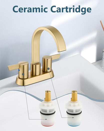 Aolemi Bathroom Faucets for Sink 3 Hole,4 Inch Centerset Waterfall Faucet 2 Handle for Bathroom Sink with Pop-Up Drain and Supply Lines Brush Gold
