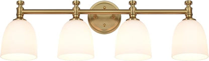 Gold Bathroom Vanity Light, 4-Light Bathroom Light Fixtures Over Mirror, Traditional Vanity Lights for Living Room, Milk White Bell Glass Shades, Standard E26 Base, Aged Brass