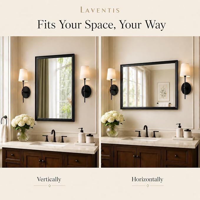 24x36 Inch Matte Black Bathroom Mirrors for Over Sink | Curved Aluminum Frame Rectangular Vanity Mirror, HD Tempered Glass, Rust-Resistant Wall Mirror for Bedroom & Entryway