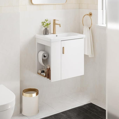 phiestina 20 Inch White Floating Small Bathroom Vanity, Pre-Assembled Wall Mounted Cabinet with Sink, Left Side Storage, Soft-Close Door, Modern Space-Saving Design, No Faucet, BV04-20-WHITE-PLUS