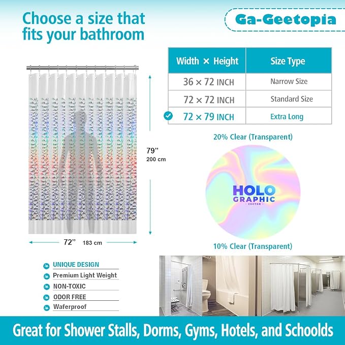 Ga-Geetopia Holographic Extra Long 3D EVA Shower Curtain Liner Water Cube, 72x80 Premium Light Weight Clear Plastic Bathroom Shower Curtain with Rustproof Metal Grommets