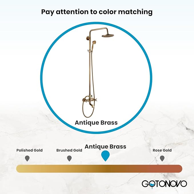 gotonovo Exposed Bathroom Shower Faucet Wall Mounted Shower System 8 Inch Shower Head and Tub Spout Double Cross Handles Adjustable Handheld Sprayer Straight Pipe Antique Brass