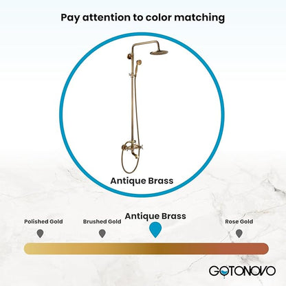 gotonovo Exposed Bathroom Shower Faucet Wall Mounted Shower System 8 Inch Shower Head and Tub Spout Double Cross Handles Adjustable Handheld Sprayer Straight Pipe Antique Brass