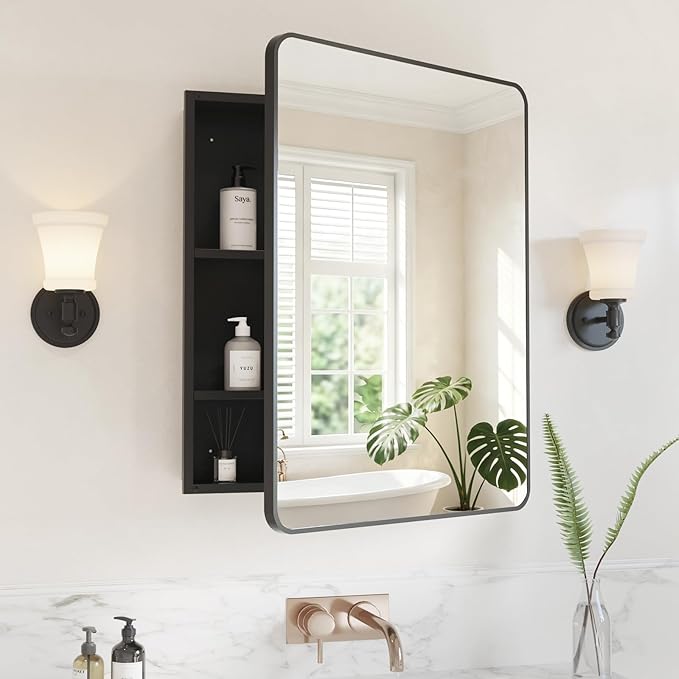 Medicine Cabinet Mirror 24x30 Inch, Black Bathroom Mirror Cabinet with Stepless Adjustable Shelves, Rounded Rectangle Metal Framed, Bathroom Mirror with Storage Recessed or Wall Mount