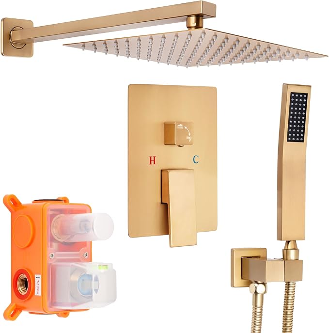 Brushed Gold Square Rainfall Shower Head Set with Handheld, 10" | Wall Mounted Bathroom Shower Faucet, 10 Inch Square Head, With Shower Valve, Rustproof Brushed Gold, High Pressure Raindrop