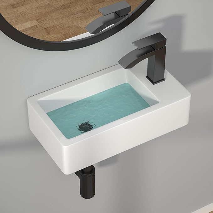 Wallmounted Bathroom Vessel Sink - 18"x10" Rectangular Floating Wall Hung Sinks Ceramic Wash Hand Basin White Wall Mount Vanity Sink for Small Bathroom