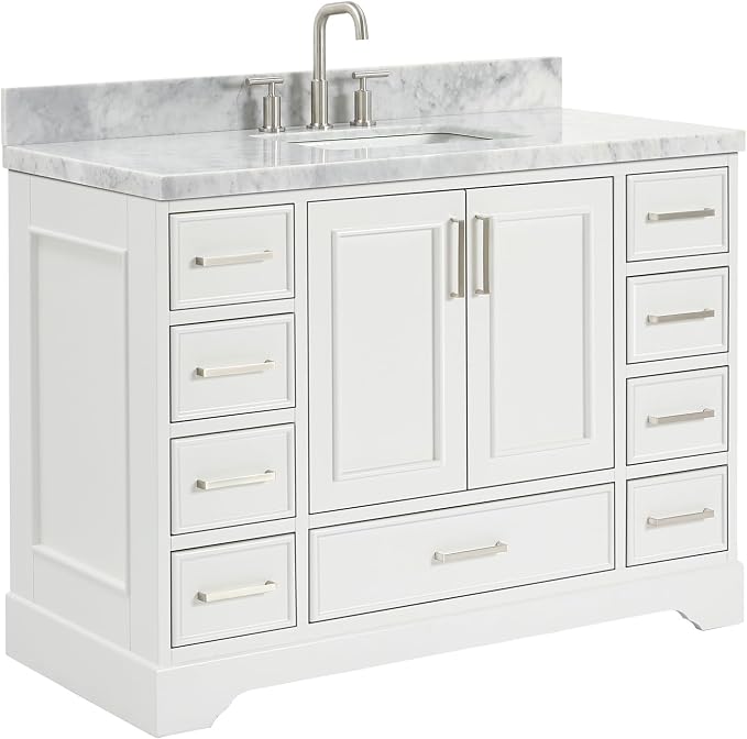 Langford 48-inch White Bathroom Vanity with Center Rectangle Single Sink, Italian Carrara Marble Countertop & Backsplash, Solid Wood Frame, Soft-Closing & Dovetail Drawers