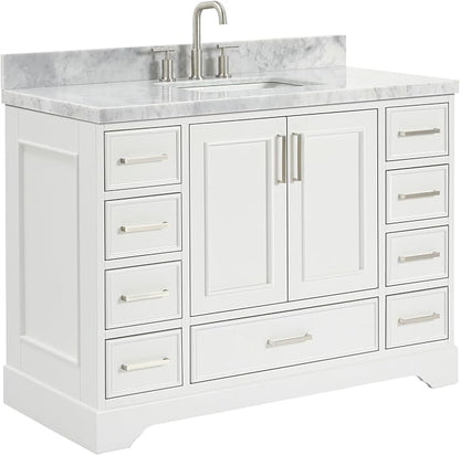 Langford 48-inch White Bathroom Vanity with Center Rectangle Single Sink, Italian Carrara Marble Countertop & Backsplash, Solid Wood Frame, Soft-Closing & Dovetail Drawers