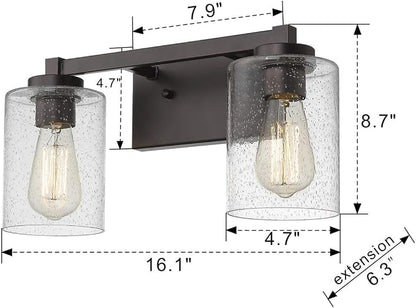 Beionxii 16In Farmhouse Bathroom Light Fixtures,Rustic Vanity Light Fixture | 2-Light Bathroom Vanity Light Fixture, Seeded Glass Shade, Oil Rubbed Bronze Over Mirror for Bathroom Living Room, BXMB9002-2