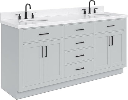 ARIEL Hepburn 72-inch Bathroom Vanity with Sink,Solid Wood, 1.5-inch Carrara White Quartz Countertop & Backsplash, Double Oval Porcelain Sink, 4 Soft Closing Doors, 6 Dovetail Drawers, Grey