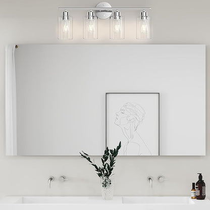 Espird Bathroom Vanity Light Fixtures Polished Chrome,4 Lights Rustic Farmhouse Vanity Bar Lighting Over Mirror Modern Industrial Wall Sconces Lamp with Cylinder Glass Shade