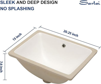 Sarlai Undermount Bathroom Sink Rectangular - 20 x 15 Inch Bathroom Sink Rectrangle Undermount Pure White Porcelain Ceramic Lavatory Vanity Vessel Sink