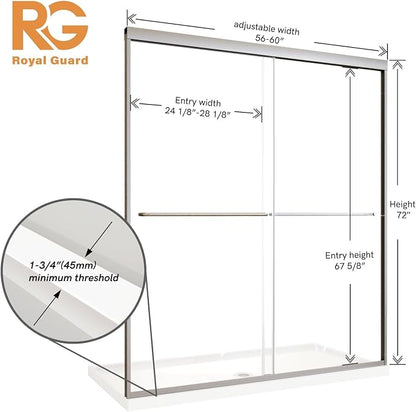 Royal Guard Double Sliding Shower Door 56-60" W x 72" H,Brush Nickel | 6mm SGCC Tempered Glass,Nano Coating Easy Clean,Walk-in Shower Use,Reversible Installation&Waterproof