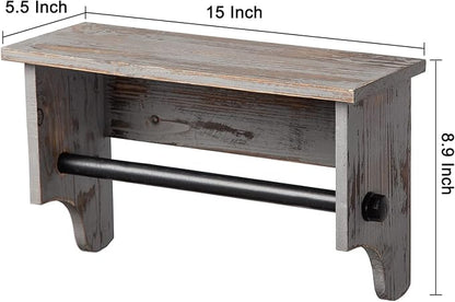 Wall Mounted Bathroom Towel Rack Torched Wood Rustic Brown Hanging Floating Shelf Industrial Black Metal Pipe Bar Restroom Organizer Robe Shampoo Body Wash Holder Clothing Kitchen Storage Home