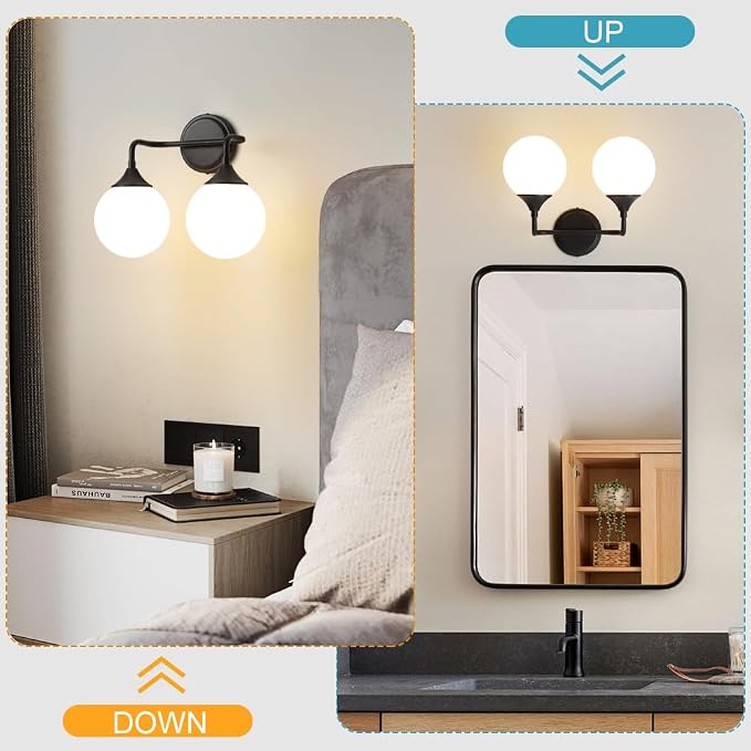 Black Bathroom Light Fixtures Over Mirror Vanity 2-Light | Mid Century Modern Matte Black Wall Sconce with Milky White Glass Ball Shades for for Bathroom Dressing Table Bedroom