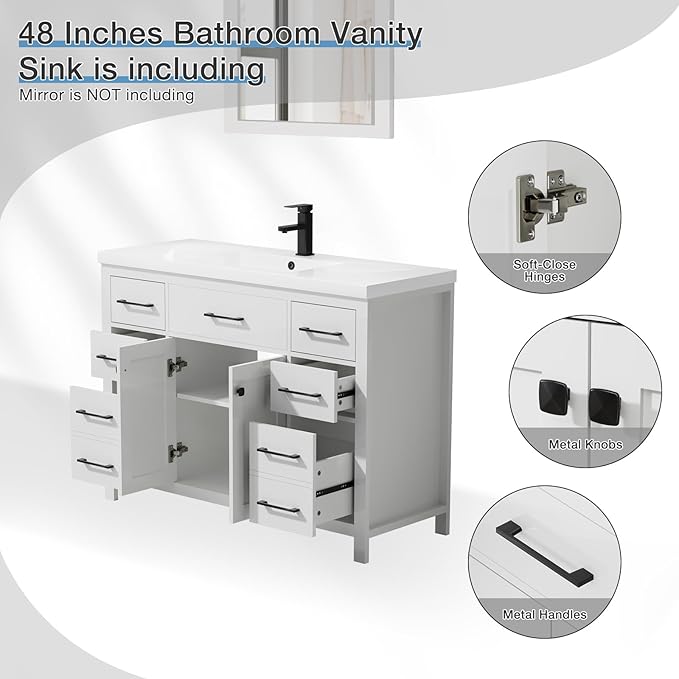 LUCKWIND 48" Modern Bathroom Vanity and Sink, Painted Bathroom Storage Cabinet with Single Resin Sink, Two Doors and Four Drawers, Include Faucet Without Mirror, White